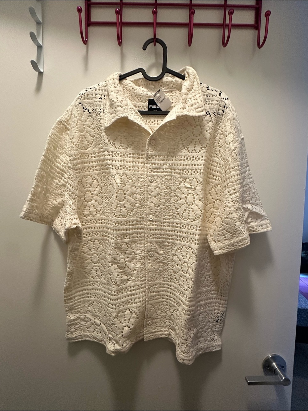 RSQ Cream Crochet Short-Sleeve Button-Down Shirt